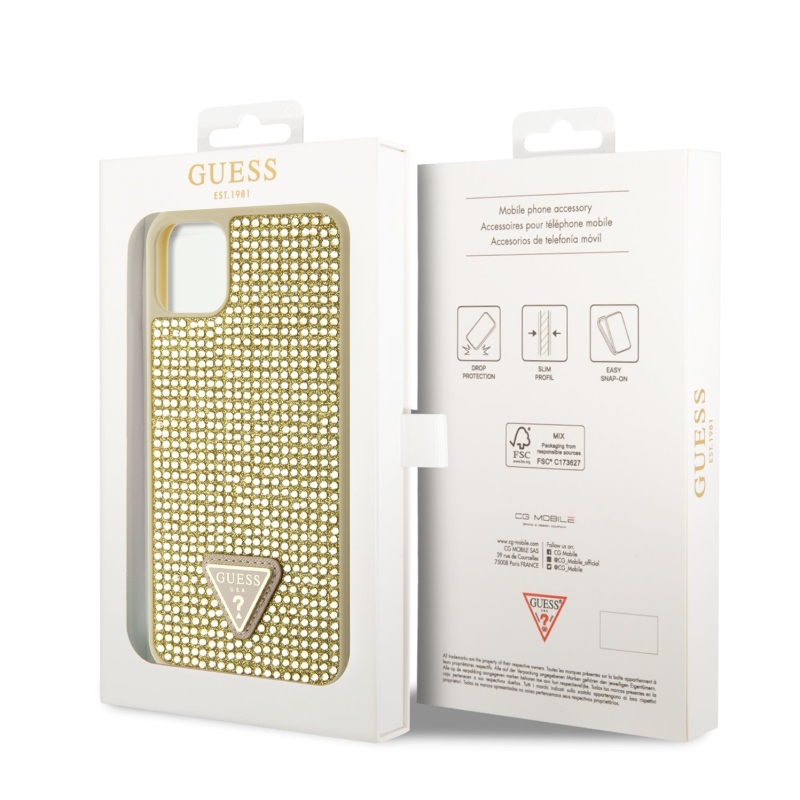 Guess strasszos háromszög fém logó borító iPhone 11 Pro Max-hoz Arany