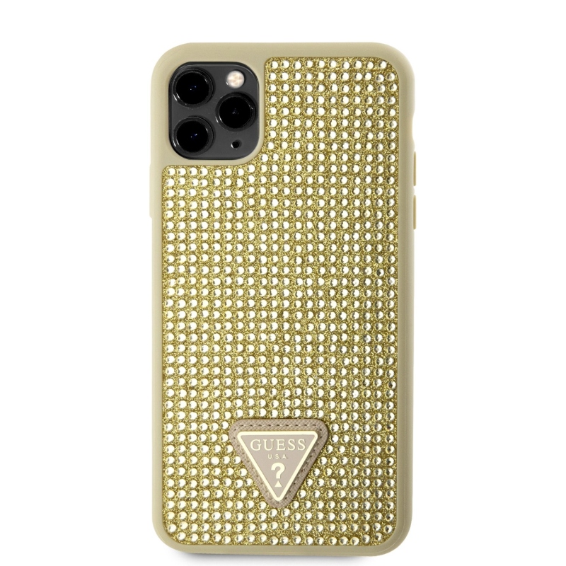 Guess strasszos háromszög fém logó borító iPhone 11 Pro Max-hoz Arany