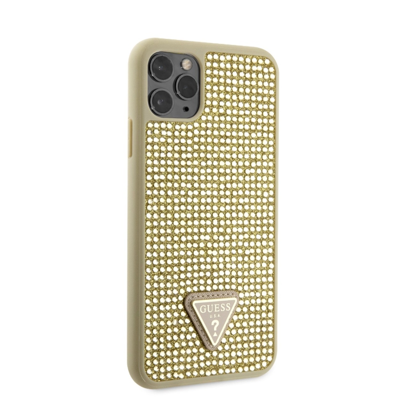 Guess strasszos háromszög fém logó borító iPhone 11 Pro Max-hoz Arany