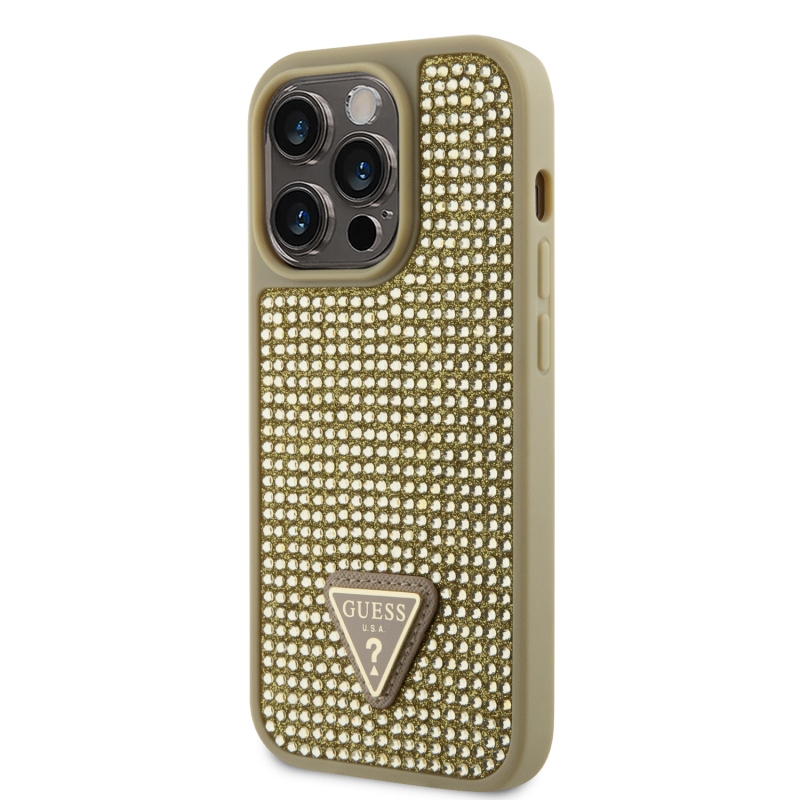Guess strasszos háromszög fém logó borító iPhone 15 Pro aranyra