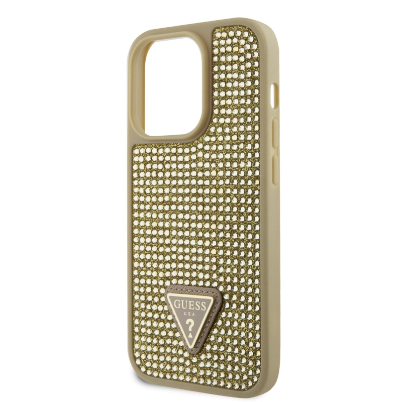Guess strasszos háromszög fém logó borító iPhone 15 Pro aranyra