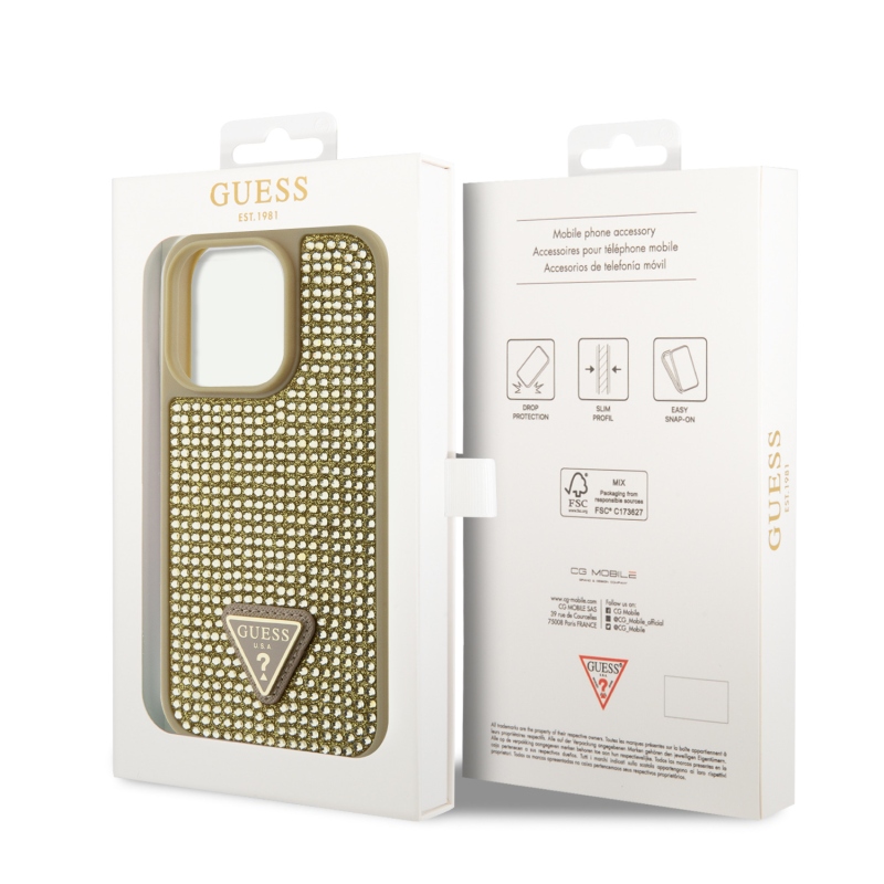 Guess strasszos háromszög fém logó borító iPhone 15 Pro aranyra