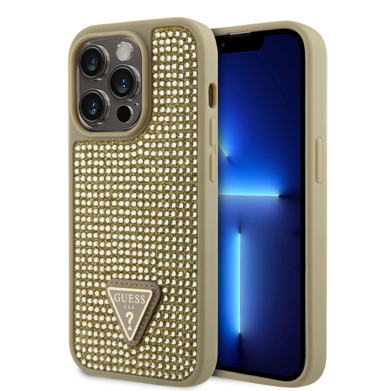Guess strasszos háromszög fém logó borító iPhone 15 Pro aranyra