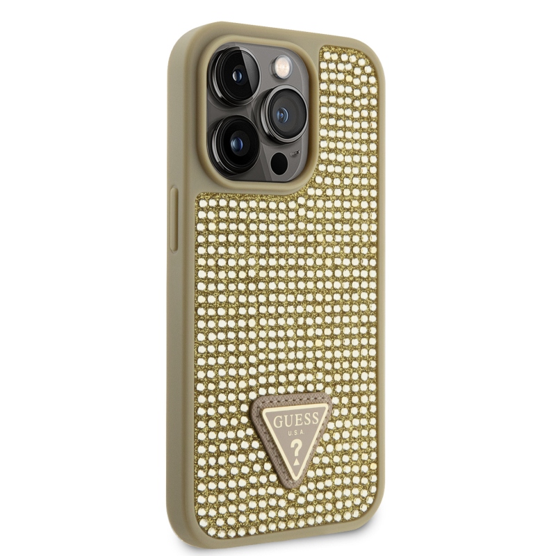Guess strasszos háromszög fém logó borító iPhone 15 Pro aranyra