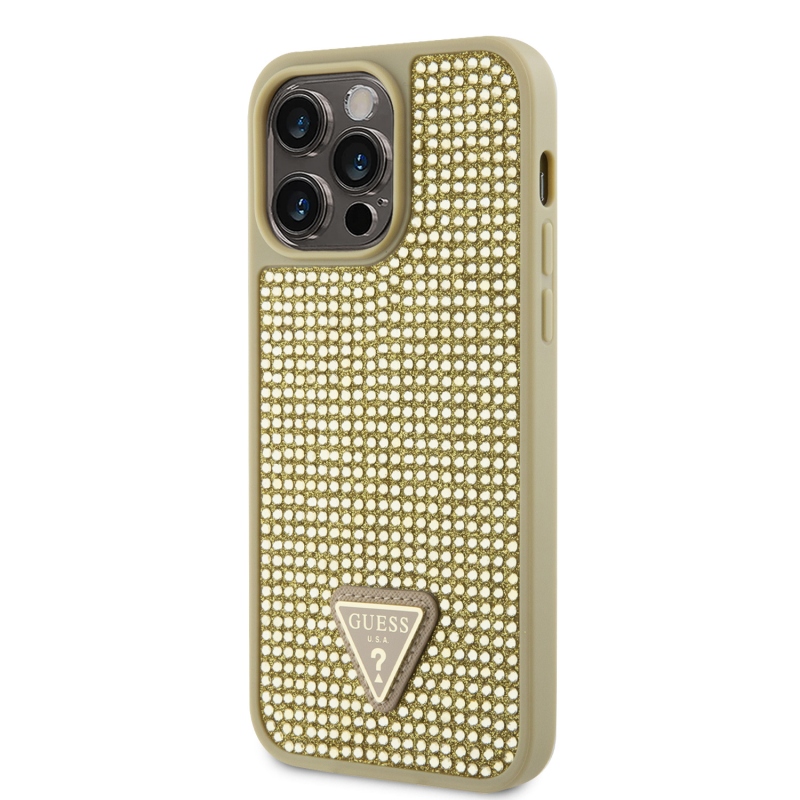 Guess strasszos háromszög fém logó borító iPhone 15 Pro Max-hoz Arany