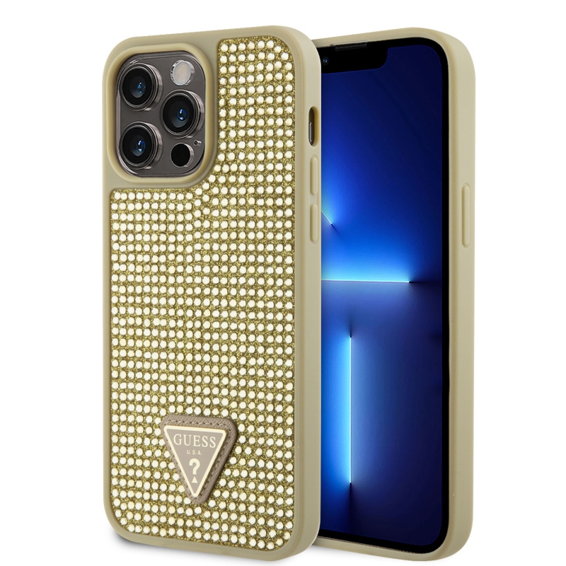 Guess strasszos háromszög fém logó borító iPhone 15 Pro Max-hoz Arany
