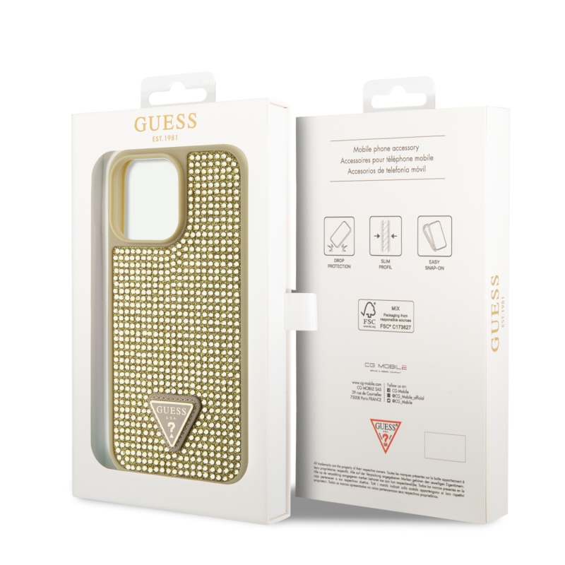 Guess strasszos háromszög fém logó borító iPhone 15 Pro Max-hoz Arany