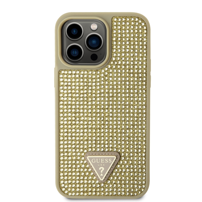 Guess strasszos háromszög fém logó borító iPhone 15 Pro Max-hoz Arany