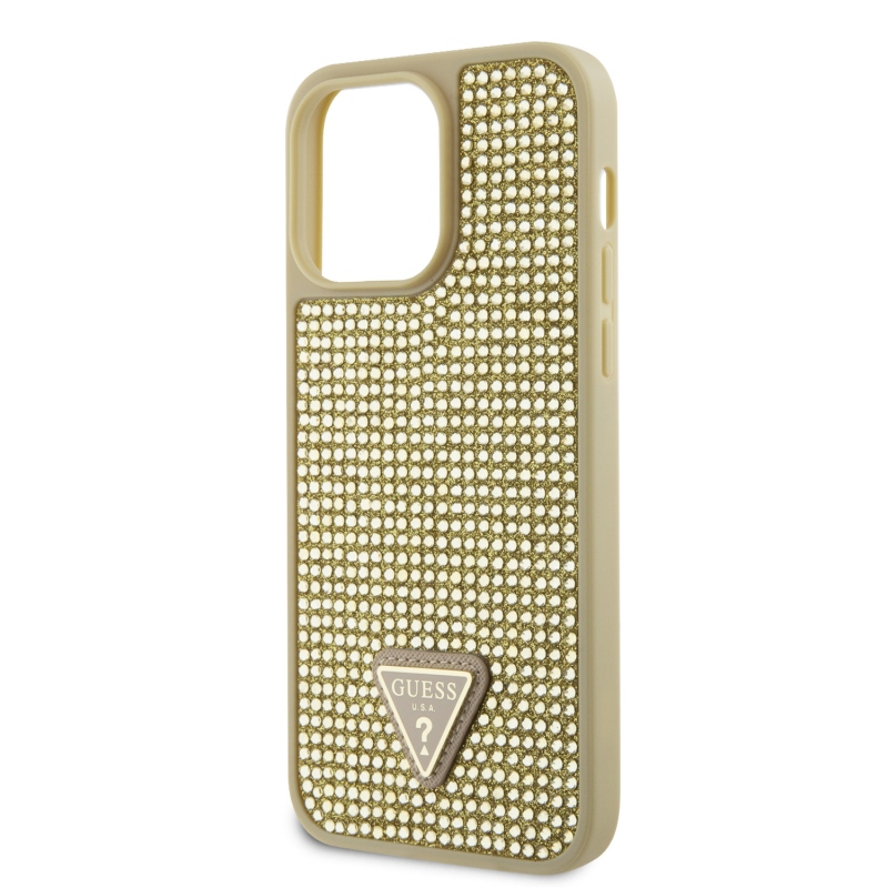 Guess strasszos háromszög fém logó borító iPhone 15 Pro Max-hoz Arany