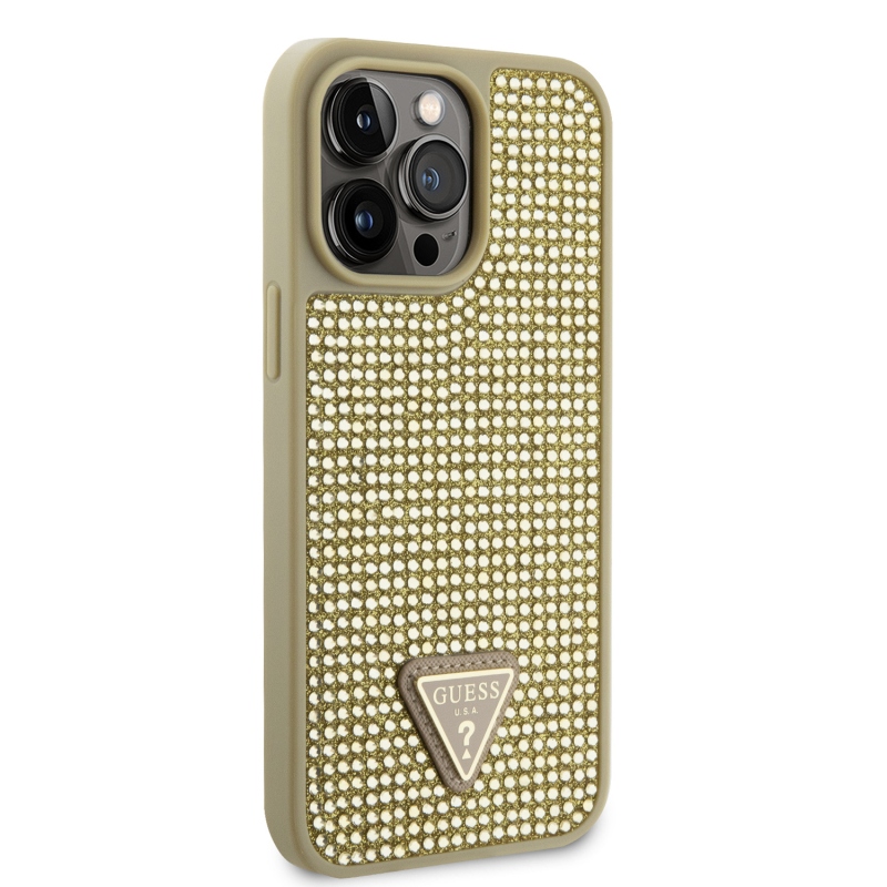 Guess strasszos háromszög fém logó borító iPhone 15 Pro Max-hoz Arany