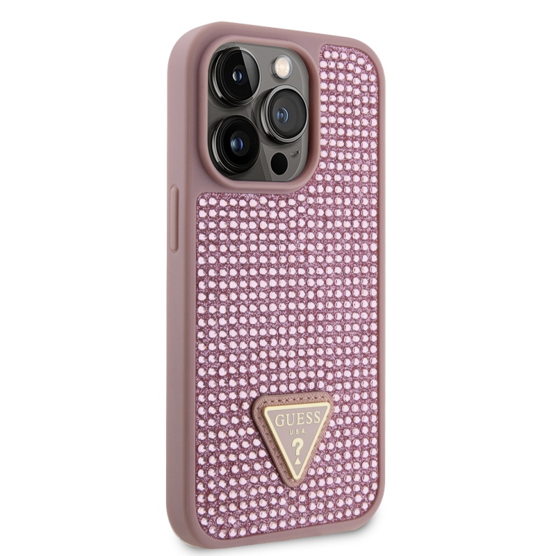 Guess strasszos háromszög fém logó borító iPhone 15 Pro rózsaszínhez
