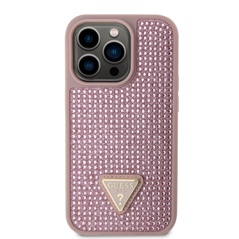 Guess strasszos háromszög fém logó borító iPhone 15 Pro rózsaszínhez