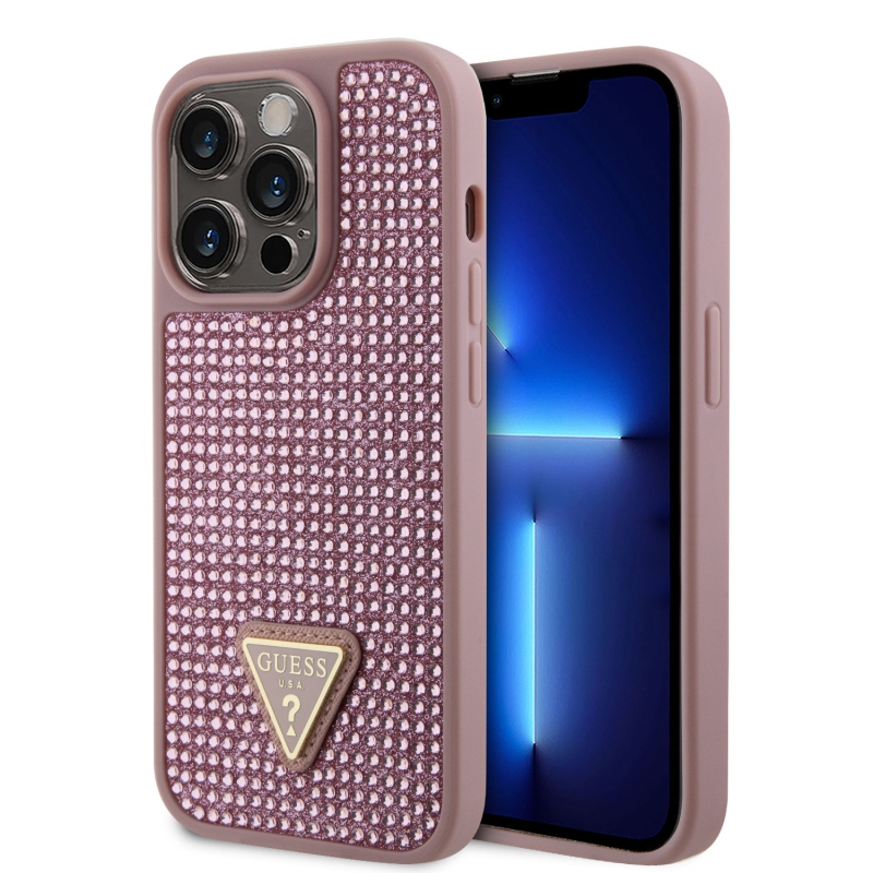 Guess strasszos háromszög fém logó borító iPhone 15 Pro rózsaszínhez