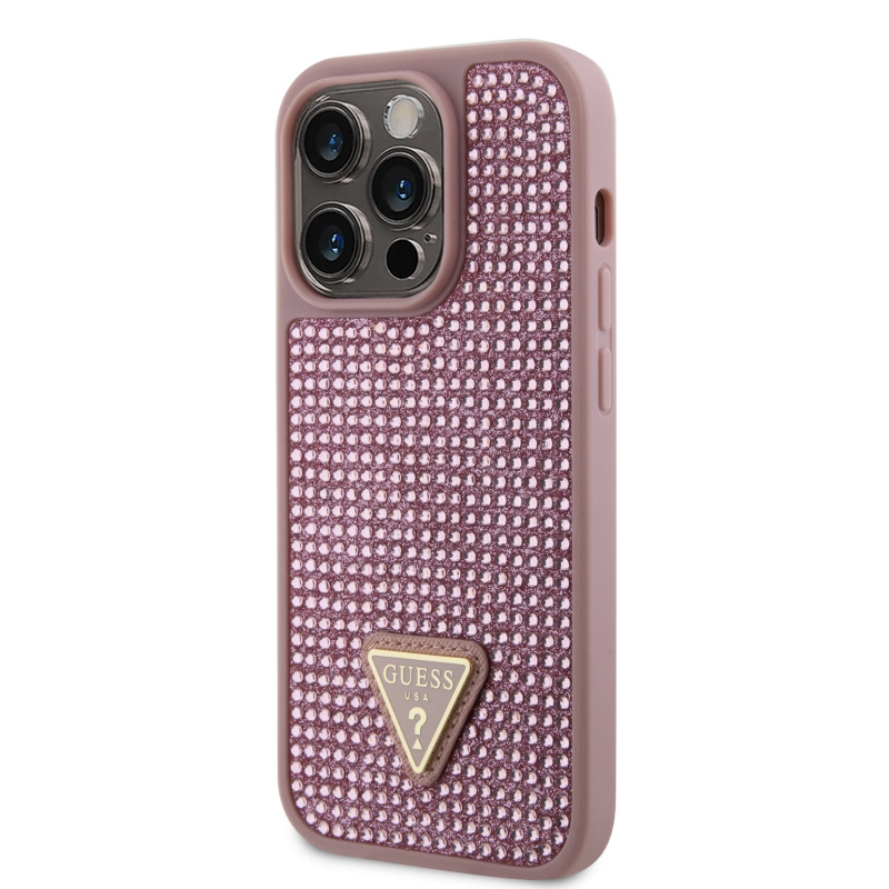 Guess strasszos háromszög fém logó borító iPhone 15 Pro rózsaszínhez