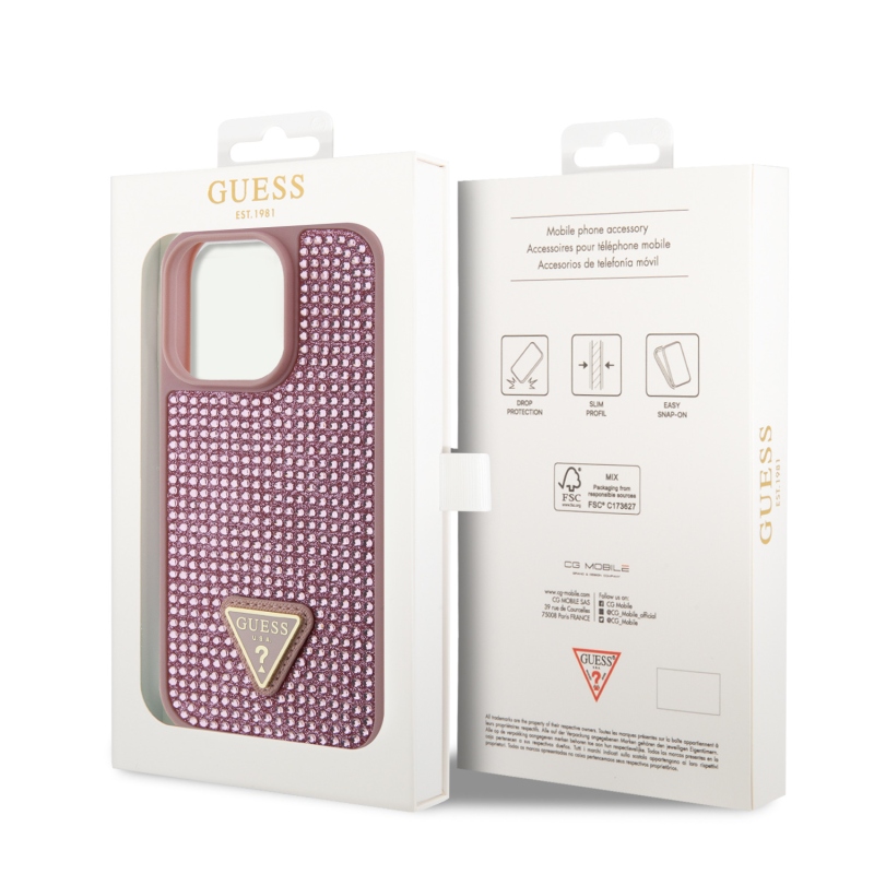 Guess strasszos háromszög fém logó borító iPhone 15 Pro rózsaszínhez