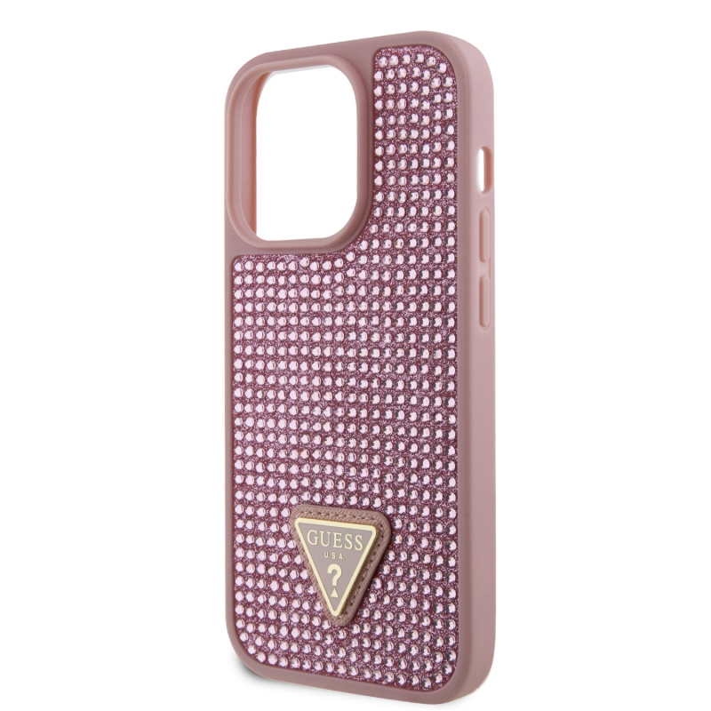 Guess strasszos háromszög fém logó borító iPhone 15 Pro rózsaszínhez