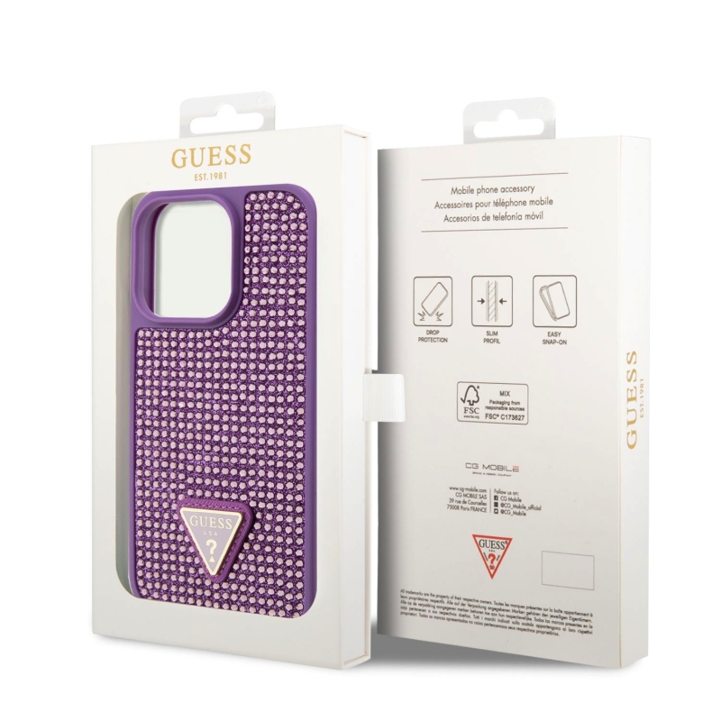 Guess strasszos háromszög fém logó borító iPhone 15 Pro lila színhez