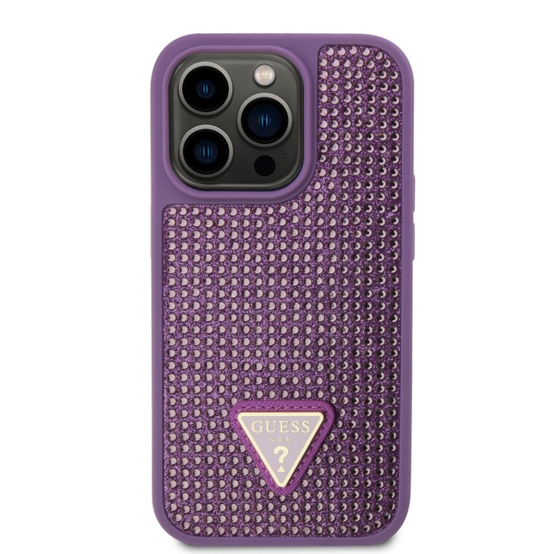 Guess strasszos háromszög fém logó borító iPhone 15 Pro lila színhez