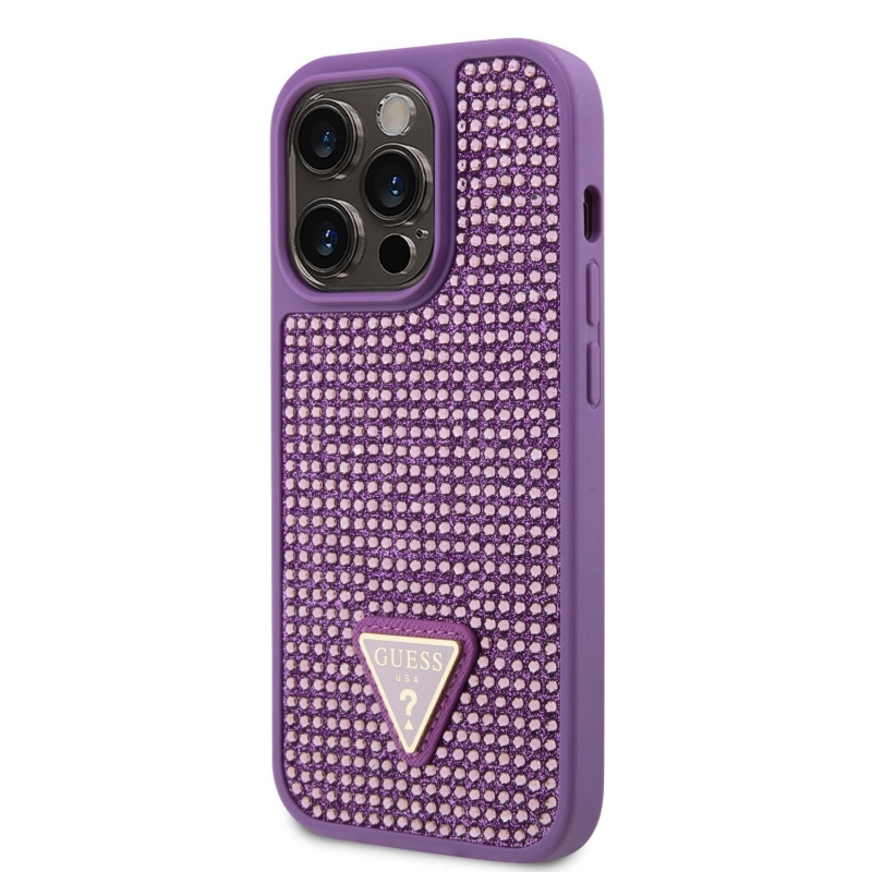 Guess strasszos háromszög fém logó borító iPhone 15 Pro lila színhez