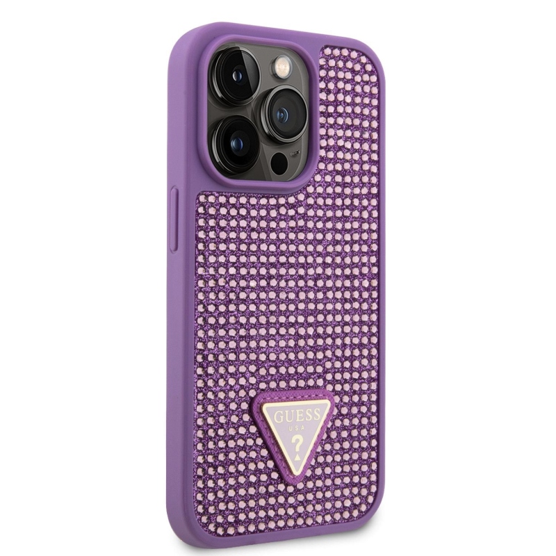 Guess strasszos háromszög fém logó borító iPhone 15 Pro lila színhez