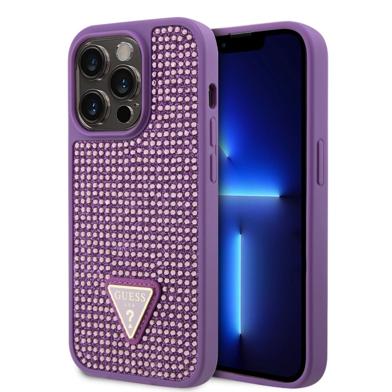 Guess strasszos háromszög fém logó borító iPhone 15 Pro lila színhez