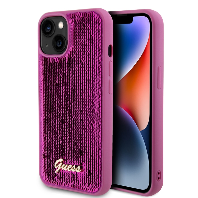Guess Sequin Script logós hátlap iPhone 13 Magenta