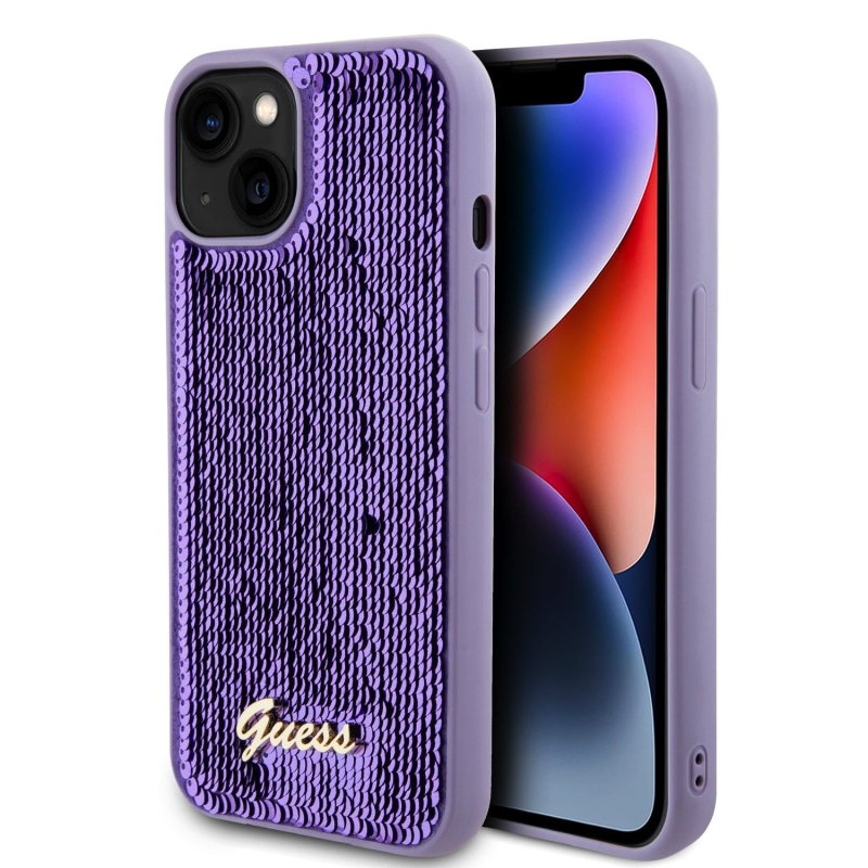 Guess Sequin Script Logo hátlap iPhone 13 lila színű iPhone 13-hoz