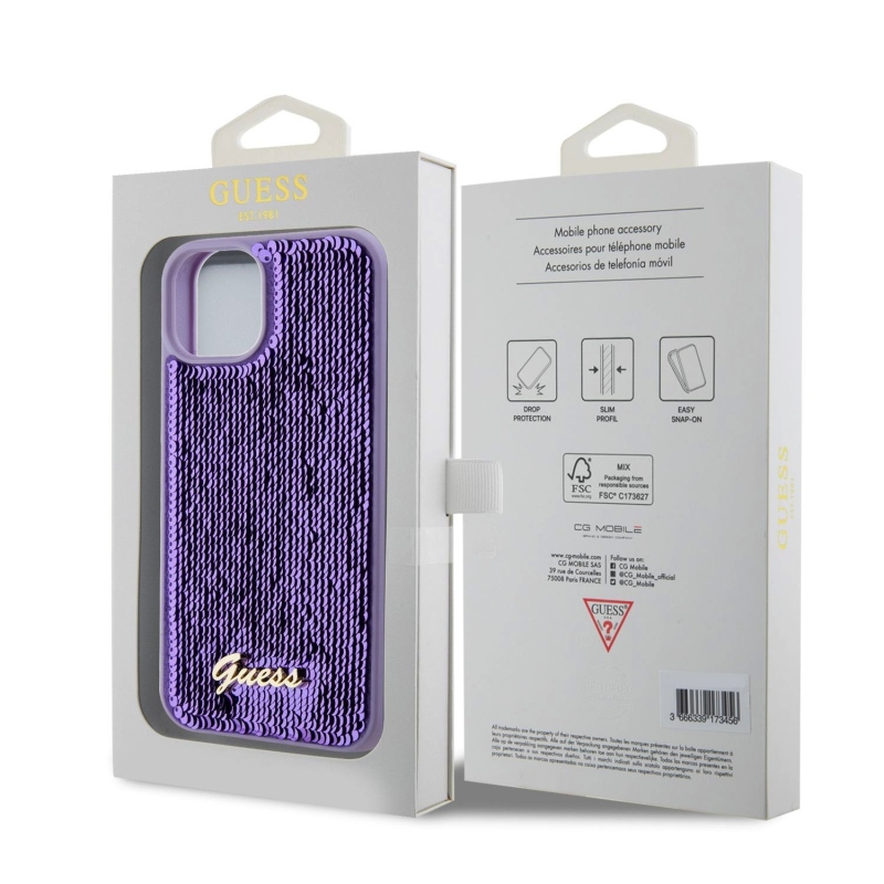 Guess Sequin Script Logo hátlap iPhone 13 lila színű iPhone 13-hoz