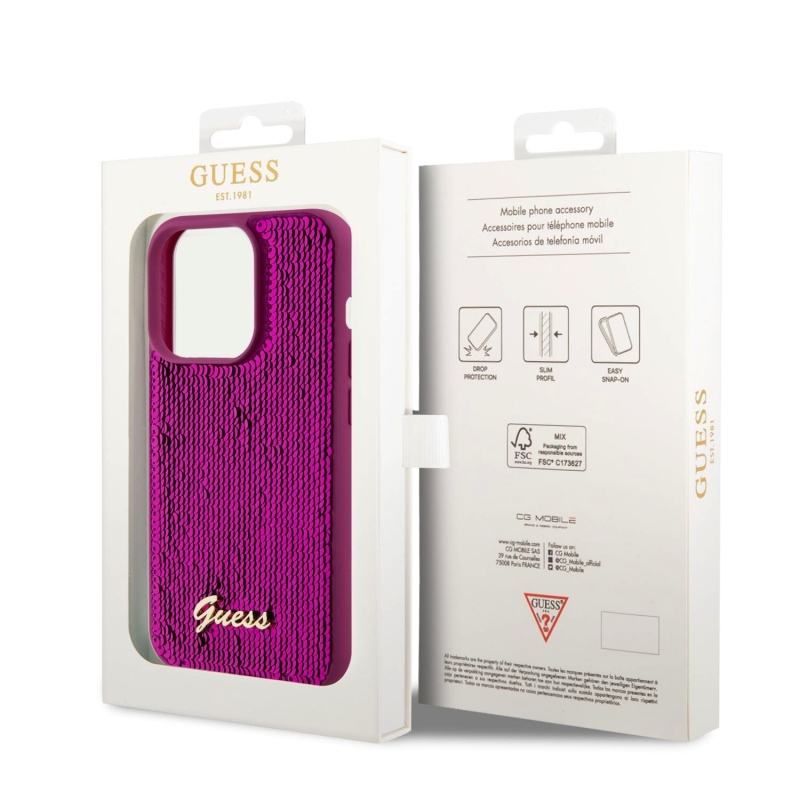 Guess Sequin Script Logo hátlap iPhone 14 Pro Max Magenta színű borító iPhone 14 Pro Max készülékhez