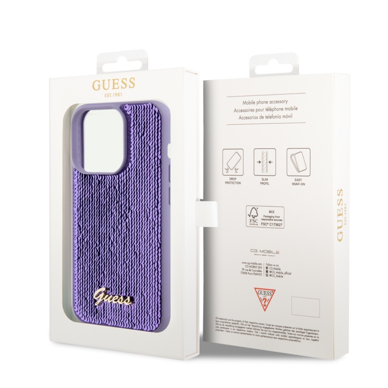 Guess Sequin Script Logo hátlap iPhone 14 Pro lila színű iPhone 14 Pro készülékhez