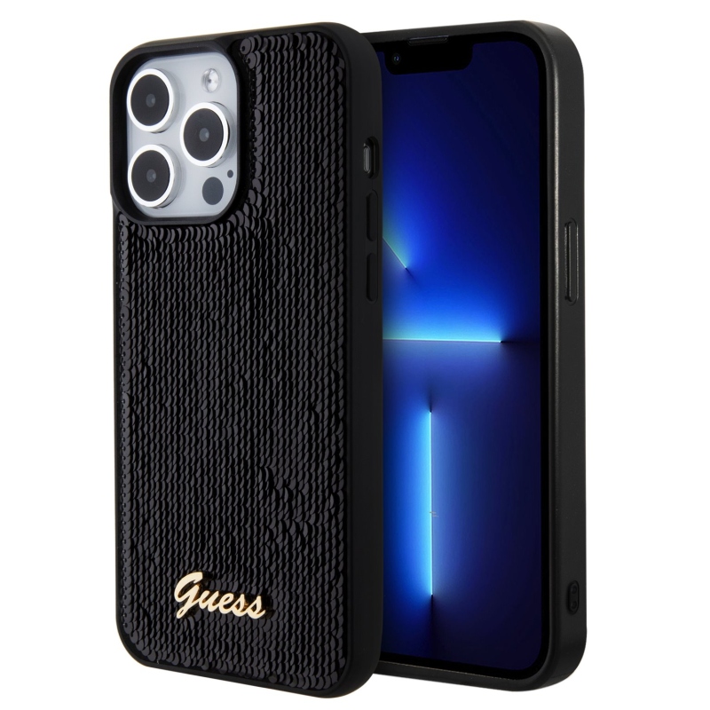 Guess Sequin Script Logo hátlap iPhone 15 Pro fekete színű borítóhoz
