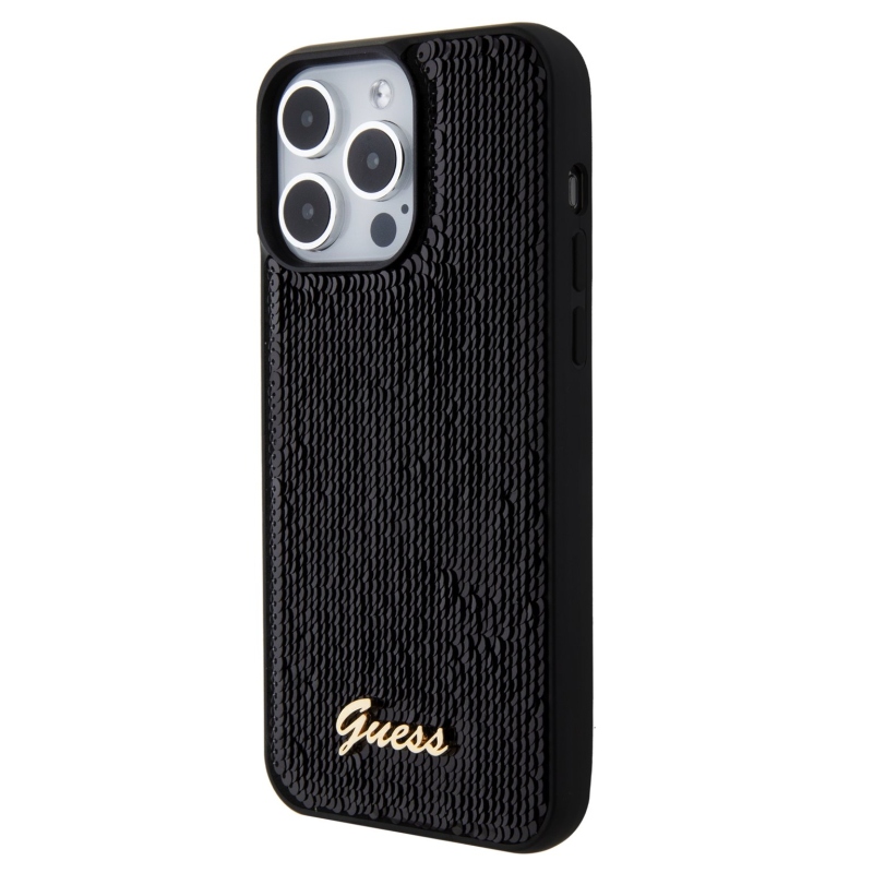 Guess Sequin Script Logo hátlap iPhone 15 Pro fekete színű borítóhoz