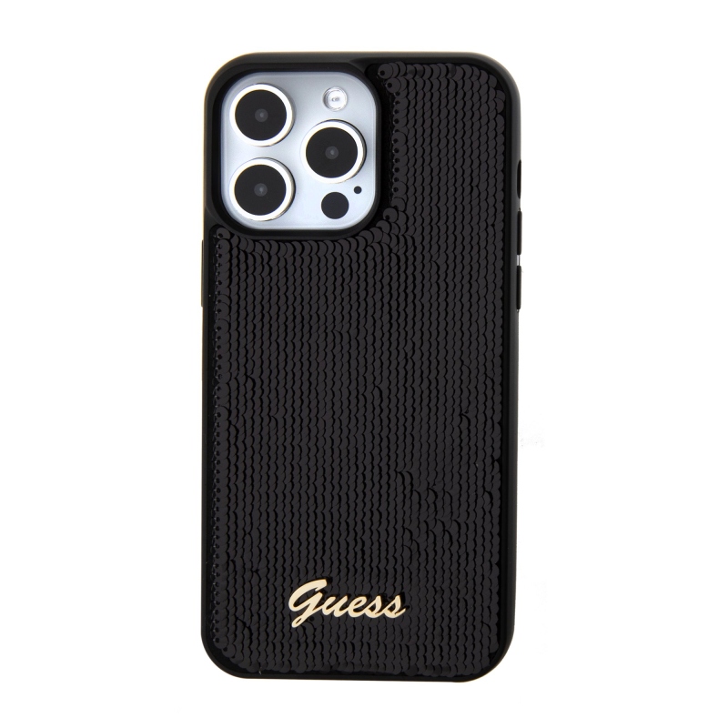 Guess Sequin Script Logo hátlap iPhone 15 Pro fekete színű borítóhoz