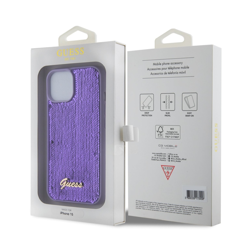 Guess Sequin Script Logo hátlap iPhone 15 lila színű iPhone 15-hez