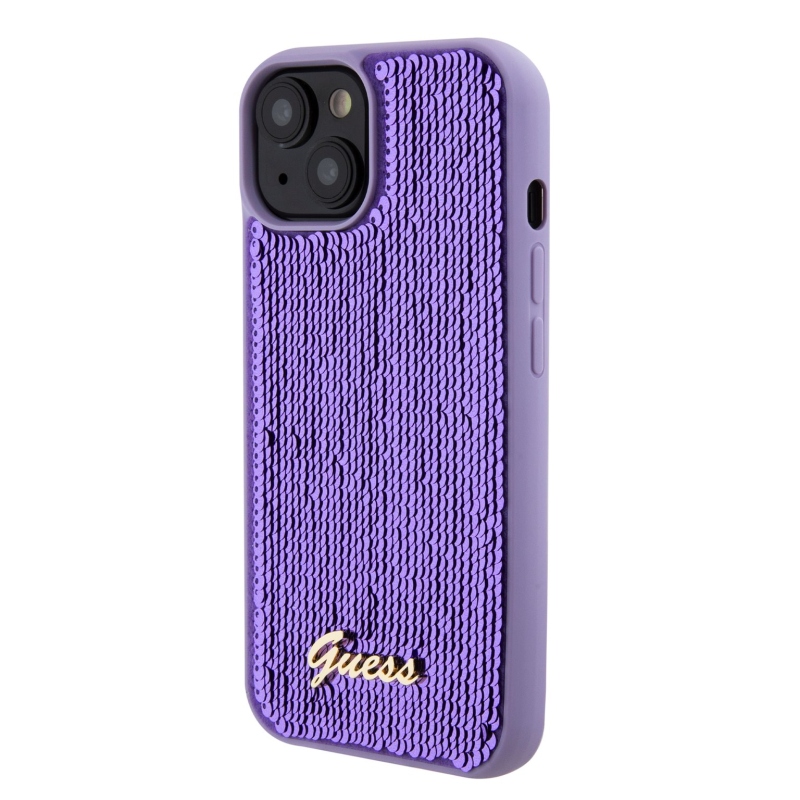 Guess Sequin Script Logo hátlap iPhone 15 lila színű iPhone 15-hez