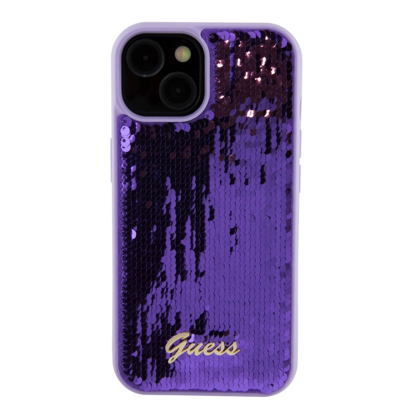 Guess Sequin Script Logo hátlap iPhone 15 lila színű iPhone 15-hez