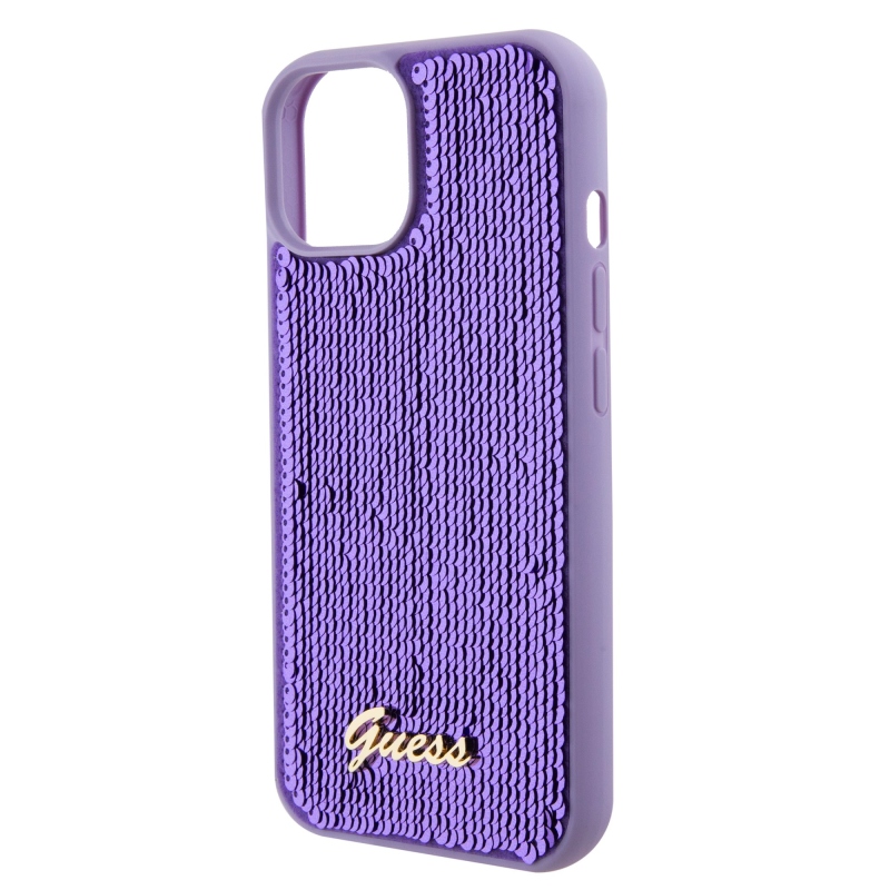 Guess Sequin Script Logo hátlap iPhone 15 lila színű iPhone 15-hez