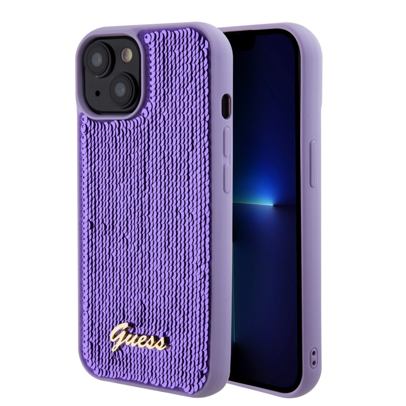 Guess Sequin Script Logo hátlap iPhone 15 lila színű iPhone 15-hez