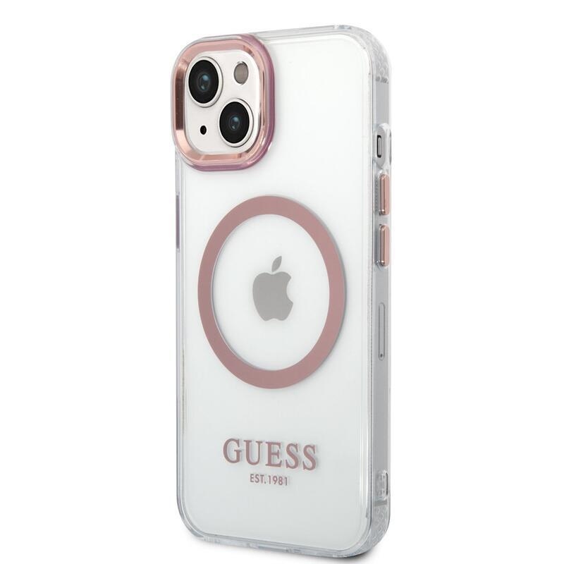 Guess áttetsző zselés tok fix hátlappal, MagSafe funkcióval iPhone 14 Plus készülékhez - rózsaszín arany
