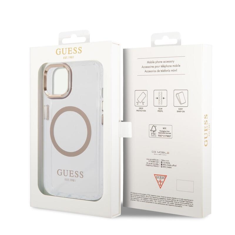 Guess áttetsző zselés tok fix hátlappal, MagSafe funkcióval iPhone 14 Plus készülékhez - arany színű