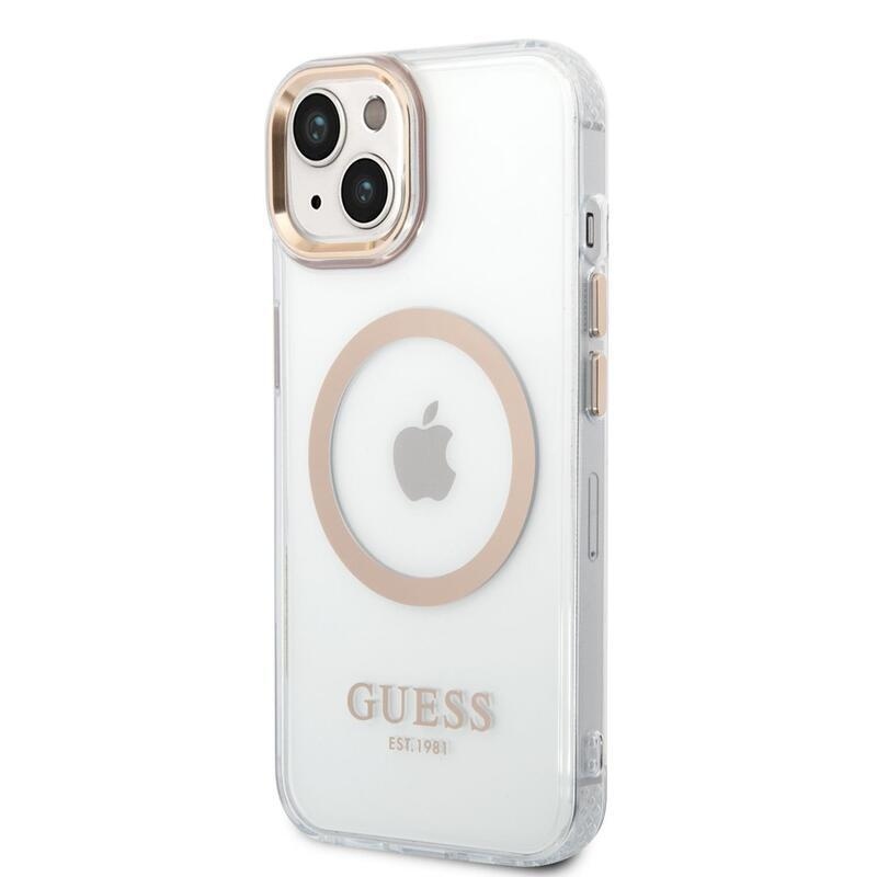 Guess áttetsző zselés tok fix hátlappal, MagSafe funkcióval iPhone 14 Plus készülékhez - arany színű
