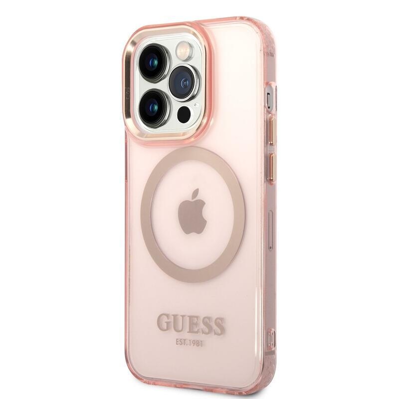 Guess áttetsző zselés tok fix hátlappal, MagSafe funkcióval iPhone 14 Pro készülékhez - rózsaszín