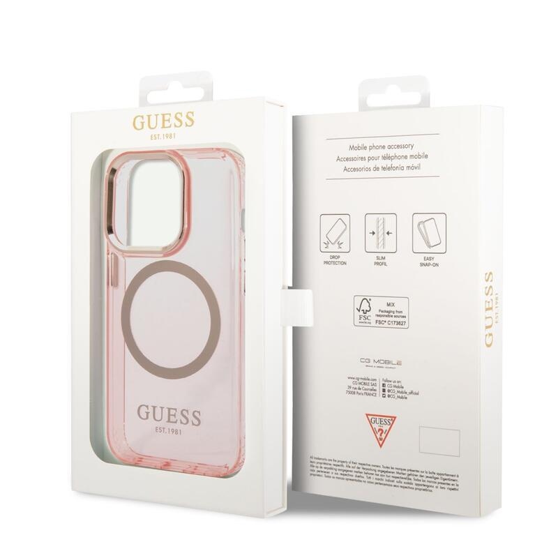 Guess áttetsző zselés tok fix hátlappal, MagSafe funkcióval iPhone 14 Pro készülékhez - rózsaszín