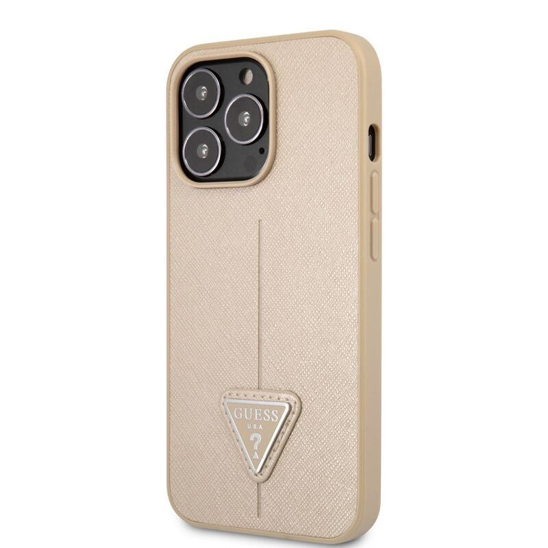 Guess háromszög alakú zselés tok fix hátlappal iPhone 13 Pro készülékhez - bézs színben