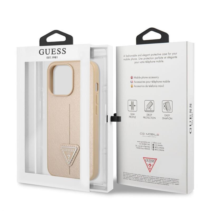 Guess háromszög alakú zselés tok fix hátlappal iPhone 13 Pro készülékhez - bézs színben