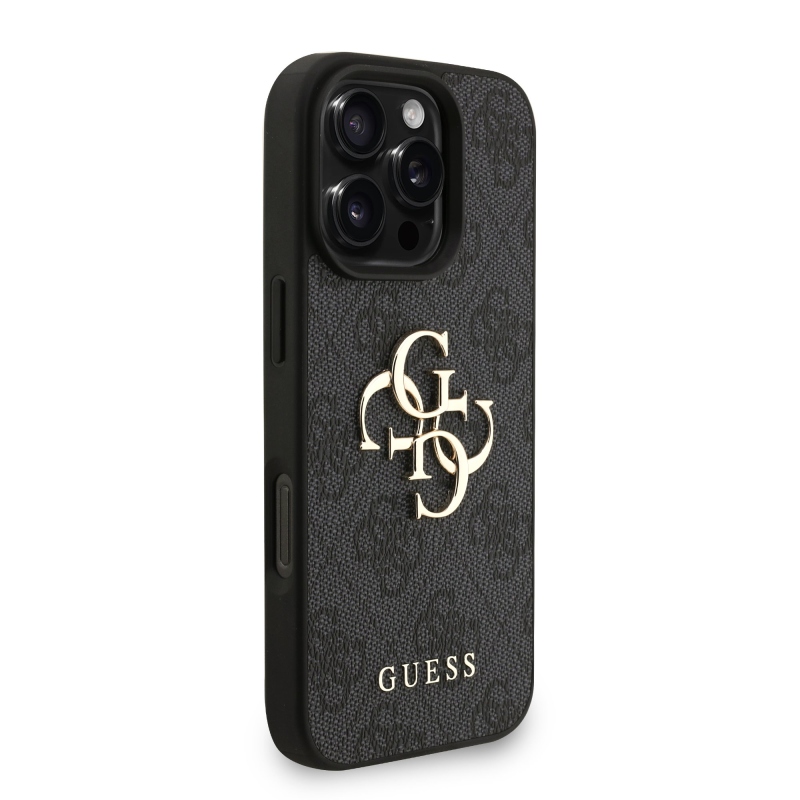 Guess PU 4G fém logós fém pánt hátlap iPhone 16 Pro Max-hoz Fekete