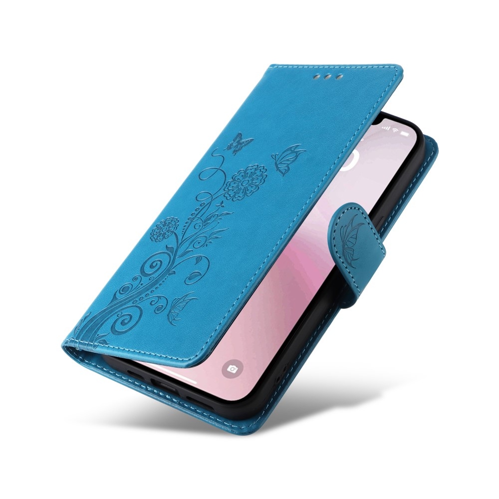 Virágos könyvtáska iPhone 16e készülékhez - kék