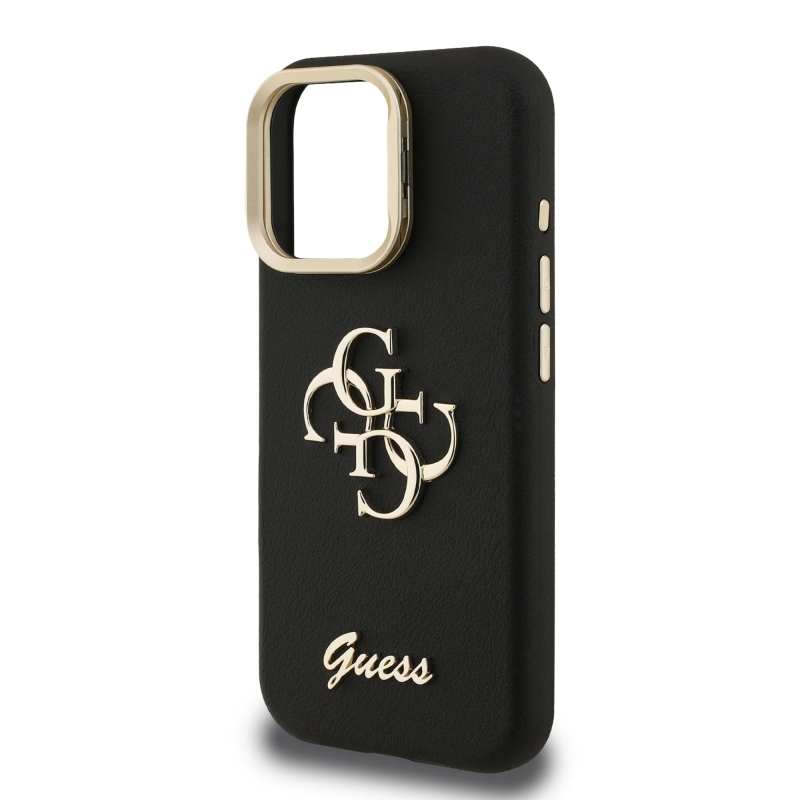 Guess PU szemcsés 4G Logo Stand Kamera keret hátlapi borító iPhone 16 Pro Max-hoz fekete