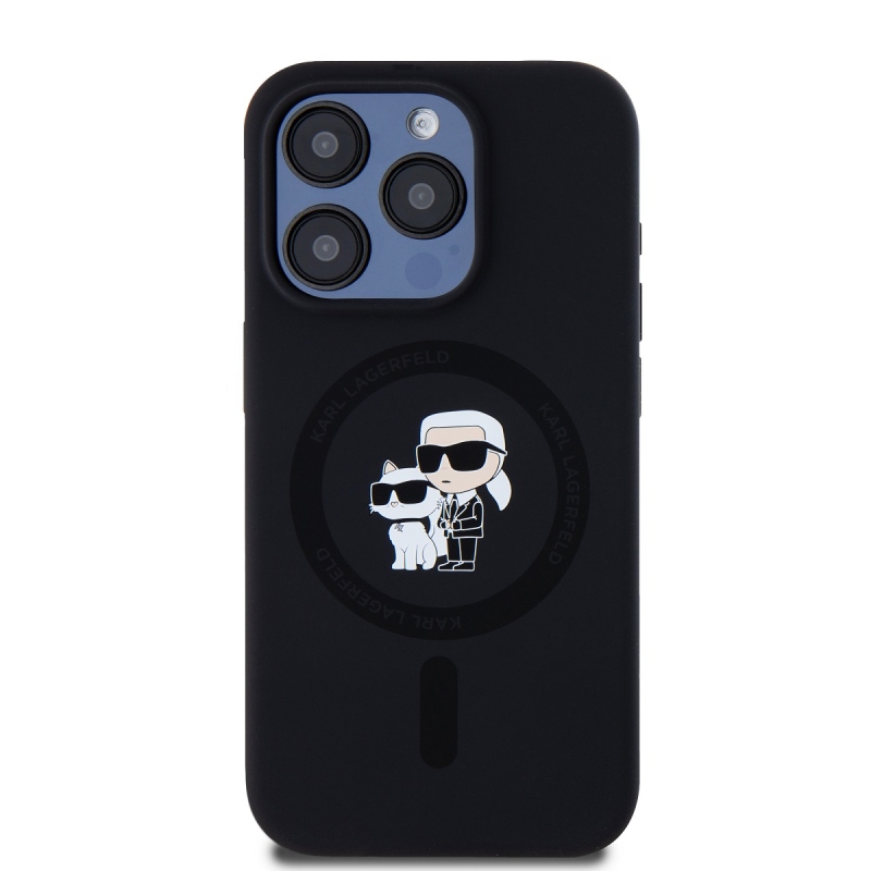 Karl Lagerfeld folyékony szilikon Karl és Choupette Magsafe hátlap iPhone 15 Pro fekete színűre