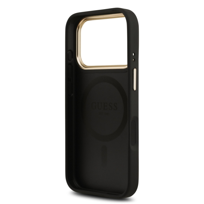 Guess PU bőr 4G aranykeret MagSafe hátlap iPhone 17 Pro Fekete